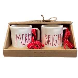 Rae Dunn Christmas Holiday Ceramic “MERRY” & “BRIGHT” Mini Mug Ornaments New